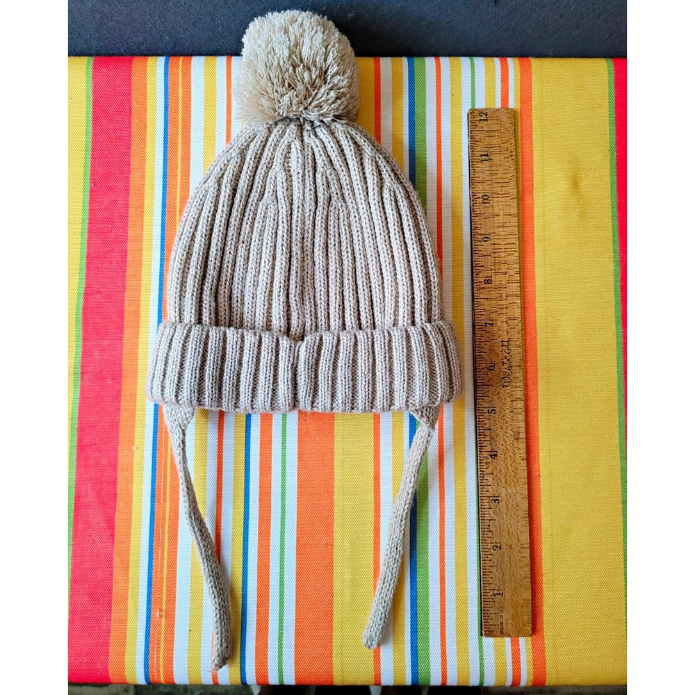 ZARA Girls/baby Beige Knit Beanie Hat Pom Pom Ear Flaps One Size Solid